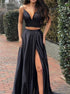 A Line Two Pieces Satin Spaghetti Straps Prom Dresses with Slit LBQ3609